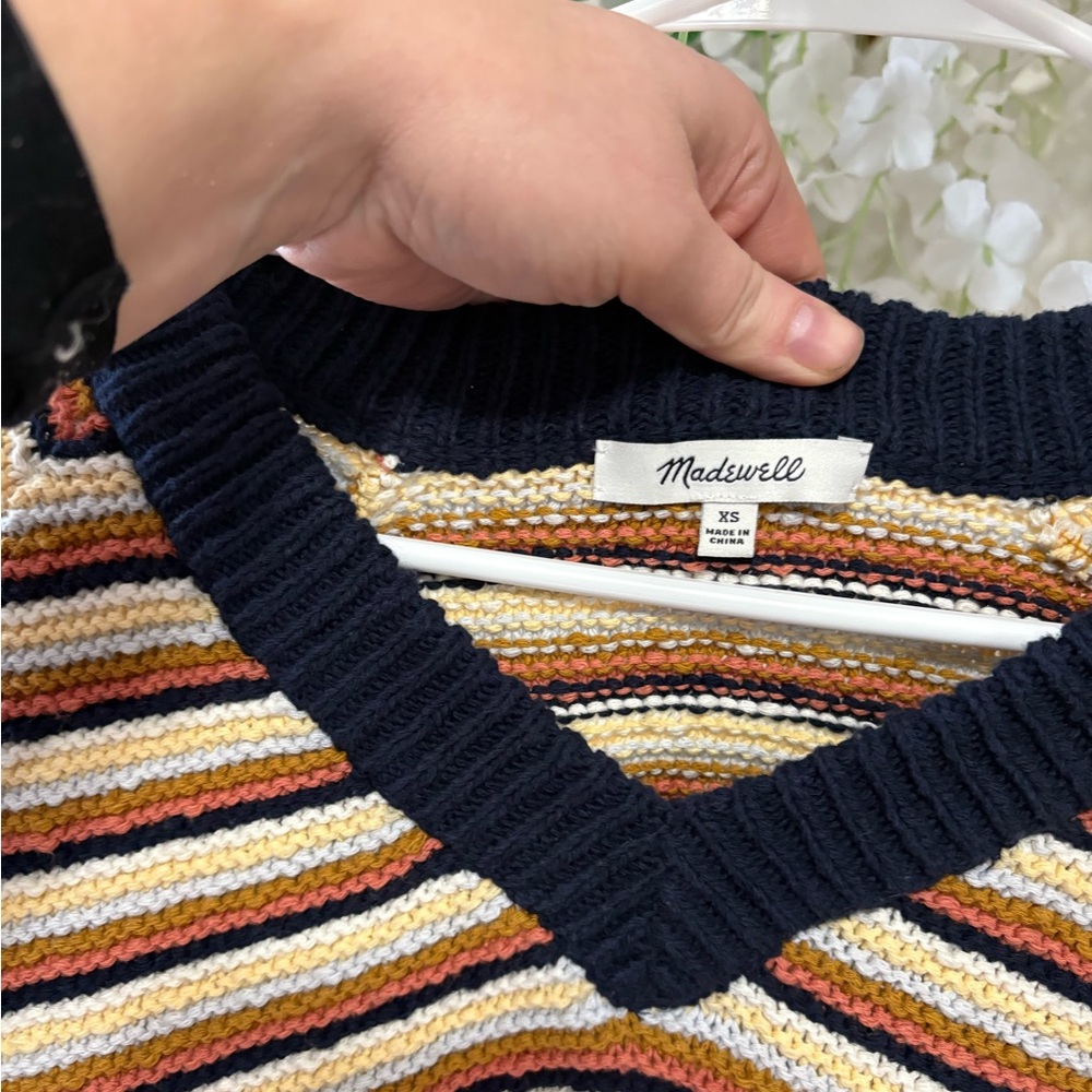 Madewell Arden V-Neck Striped Sweater - Navy, Cream, Brown - 100% Cotton - Picture 4 of 7